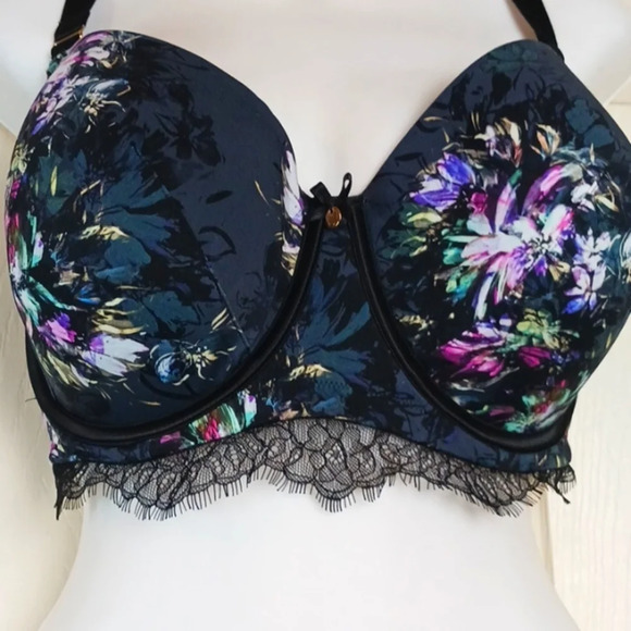 Cacique Lightly Lined Balconette Bra Black Floral and Lace Underwire Sz38F Plus - Picture 5 of 9